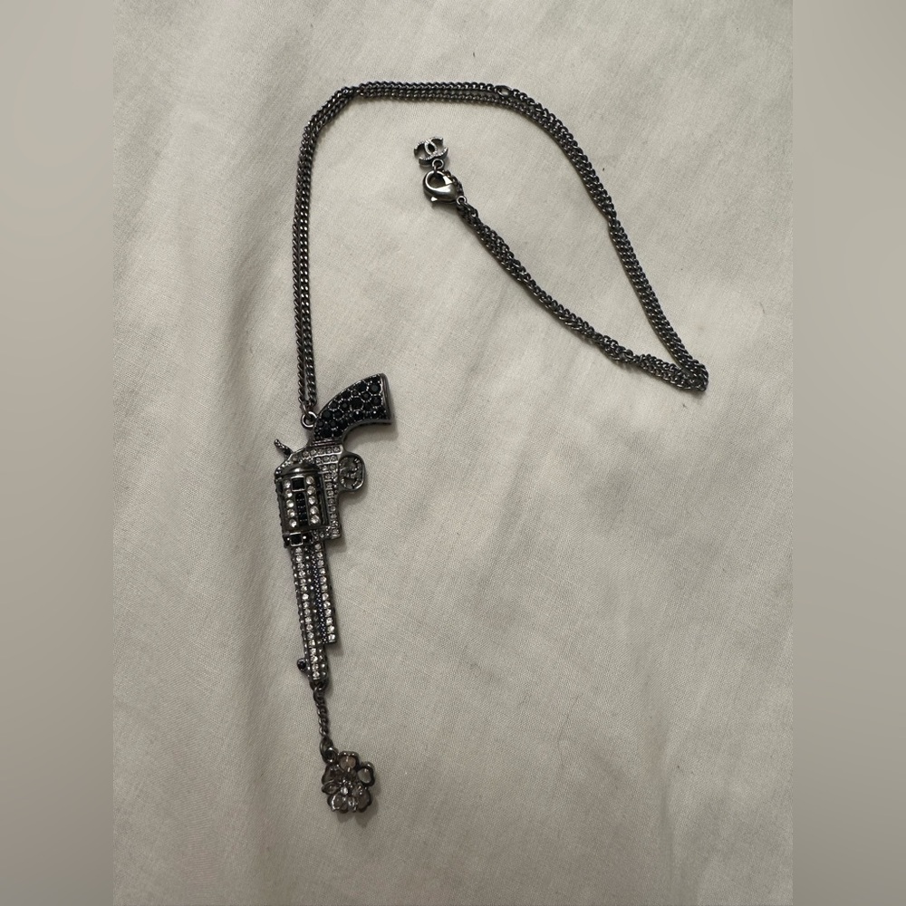 Chanel 2014 Ruthenium Metal Crystal Gun Necklace